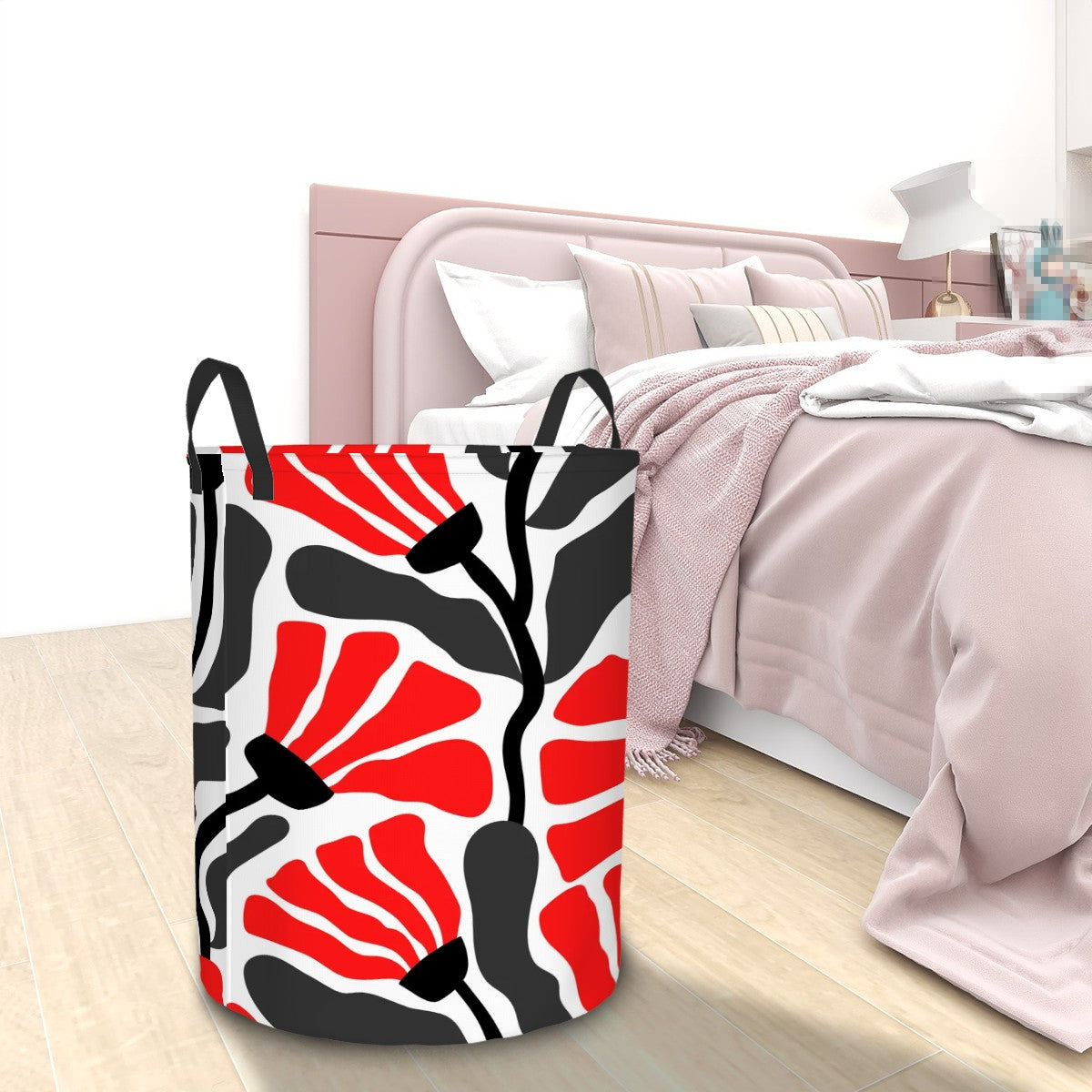 Groovy Retro Abstract Flowers MCM Red, Black, White and Gray Circular Laundry Basket