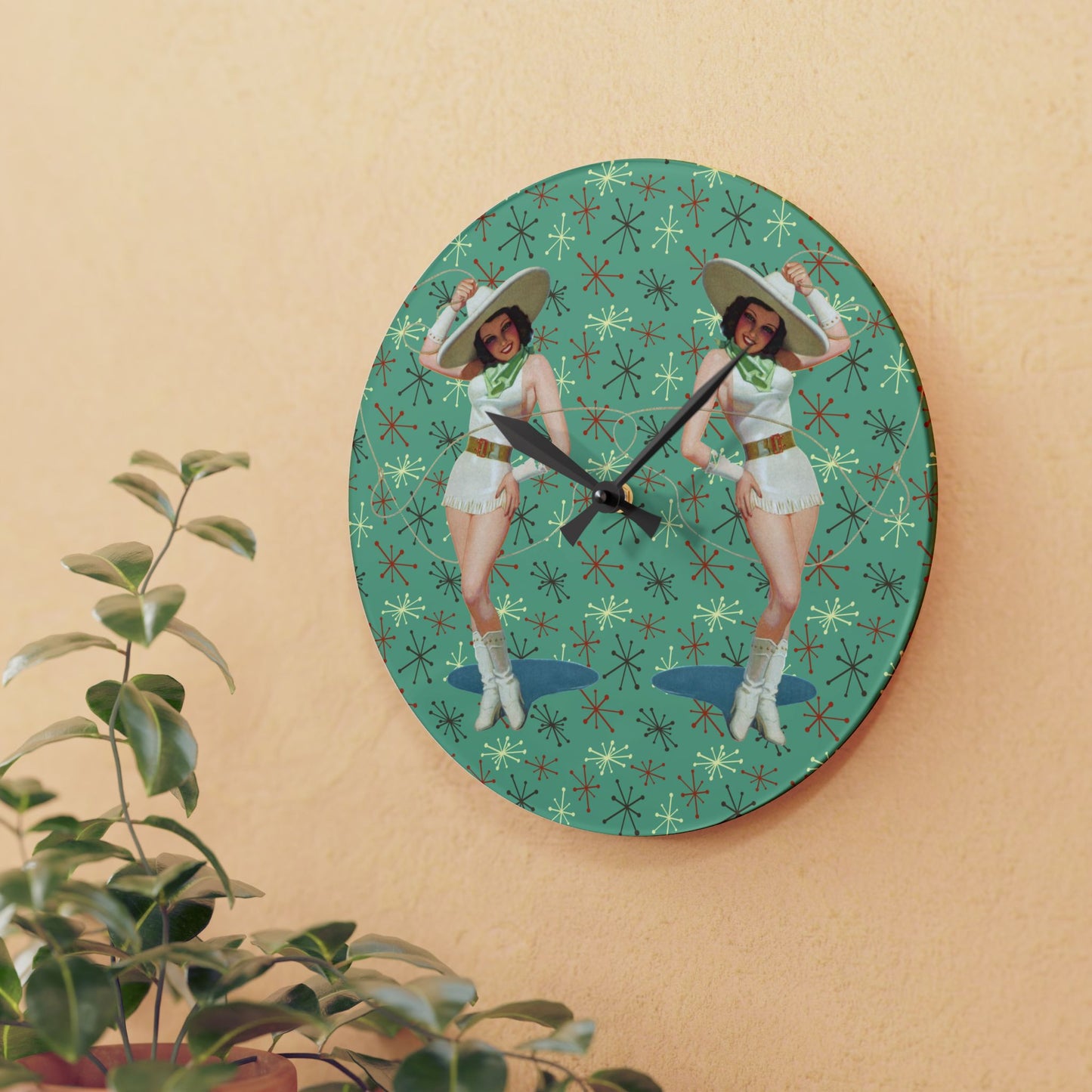 Retro Pin Up Girls Double Trouble Cowgirls Mid Century Mod Acrylic Wall Clock