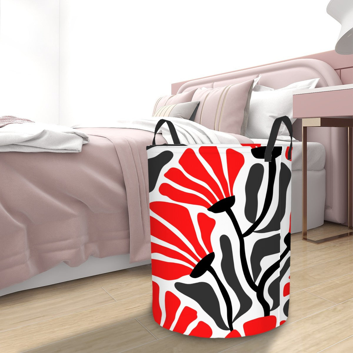 Groovy Retro Abstract Flowers MCM Red, Black, White and Gray Circular Laundry Basket