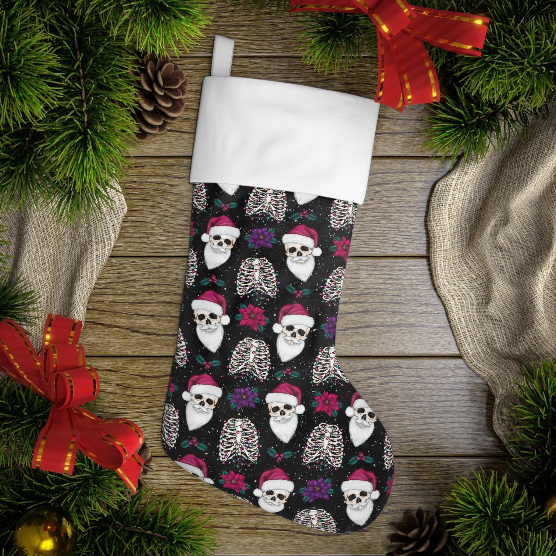 Skull Santa Goth Christmas Stocking, Creepy Scary Black Creepmas Holiday Decor | lovevisionkarma.com