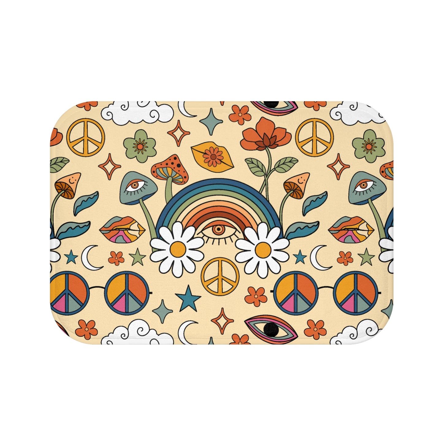 Groovy 60's, 70's Boho Rainbow and Trippy Mushrooms Multicolor Bath Mat