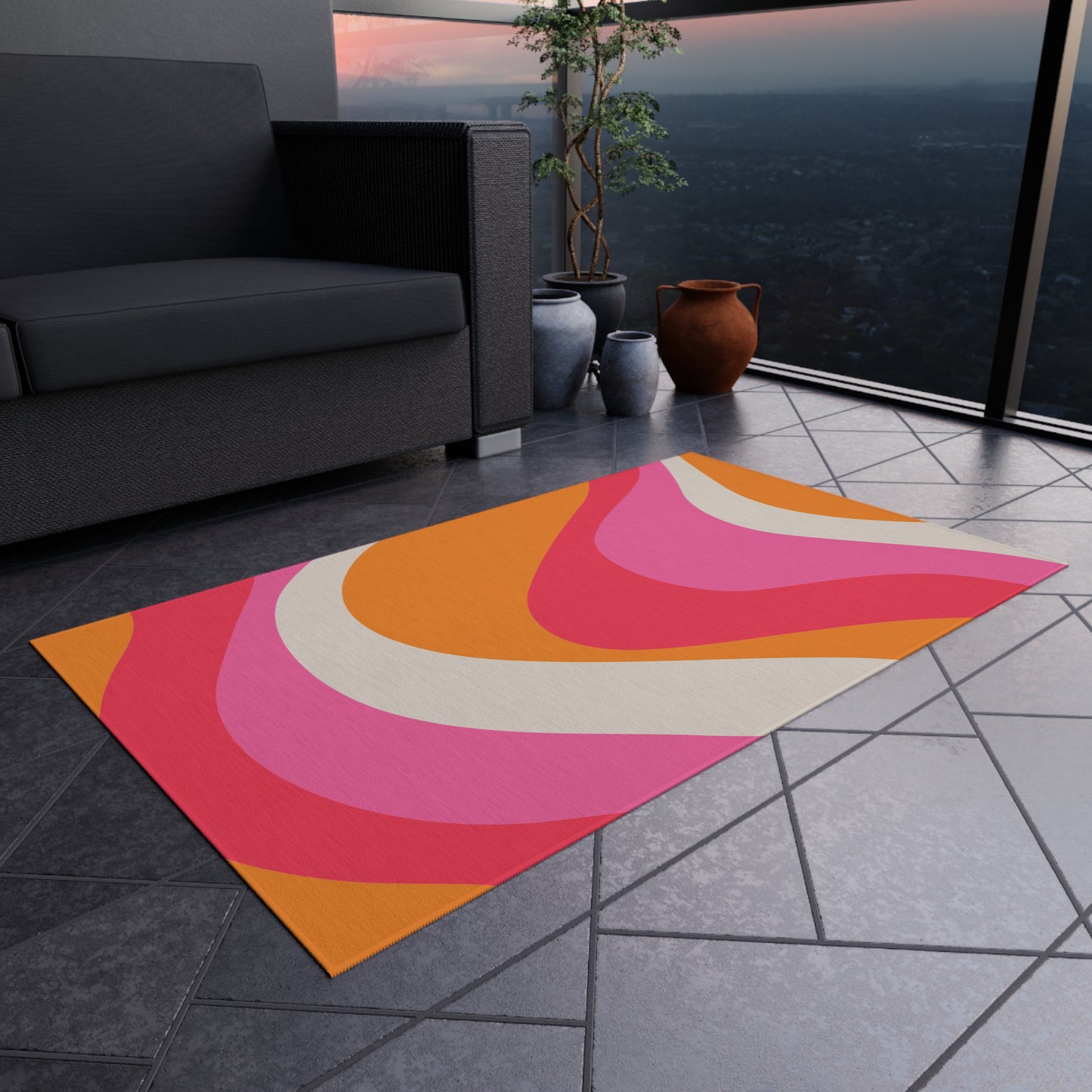 Groovy 60's Retro Mid Century Mod Swirl Pink, Orange & Cream Indoor/Outdoor Anti-Slip Accent Rug