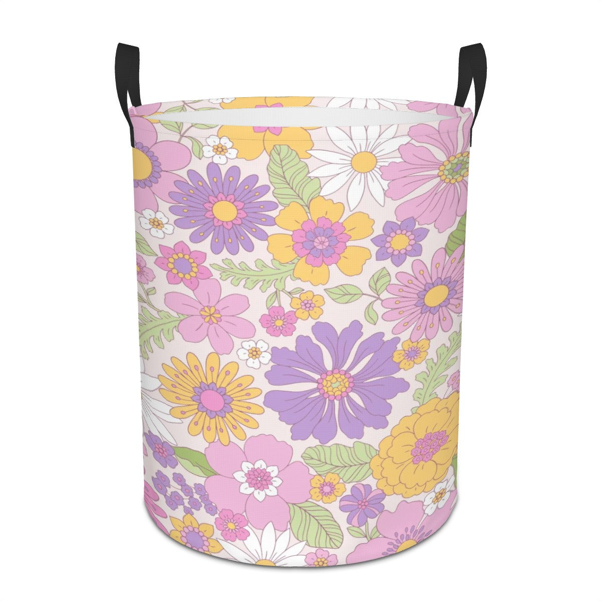 Retro 60s 70s Groovy Boho Flowers Pink, Yellow & Purple Mid Century Mod Round Laundry Hamper