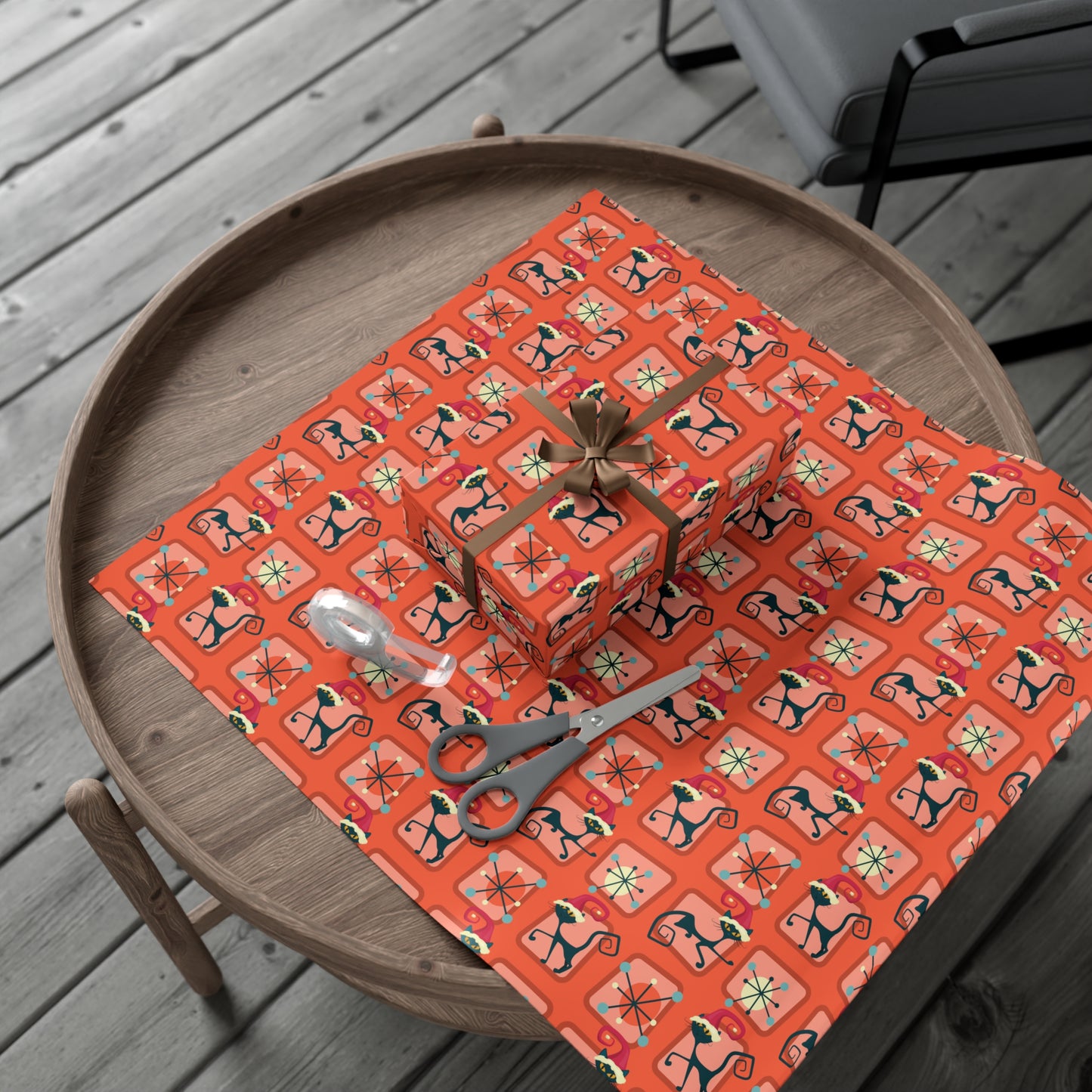 Retro 50's Atomic Cat Christmas Kitschy Mid Century Modern Red Eco-Friendly Wrapping Paper