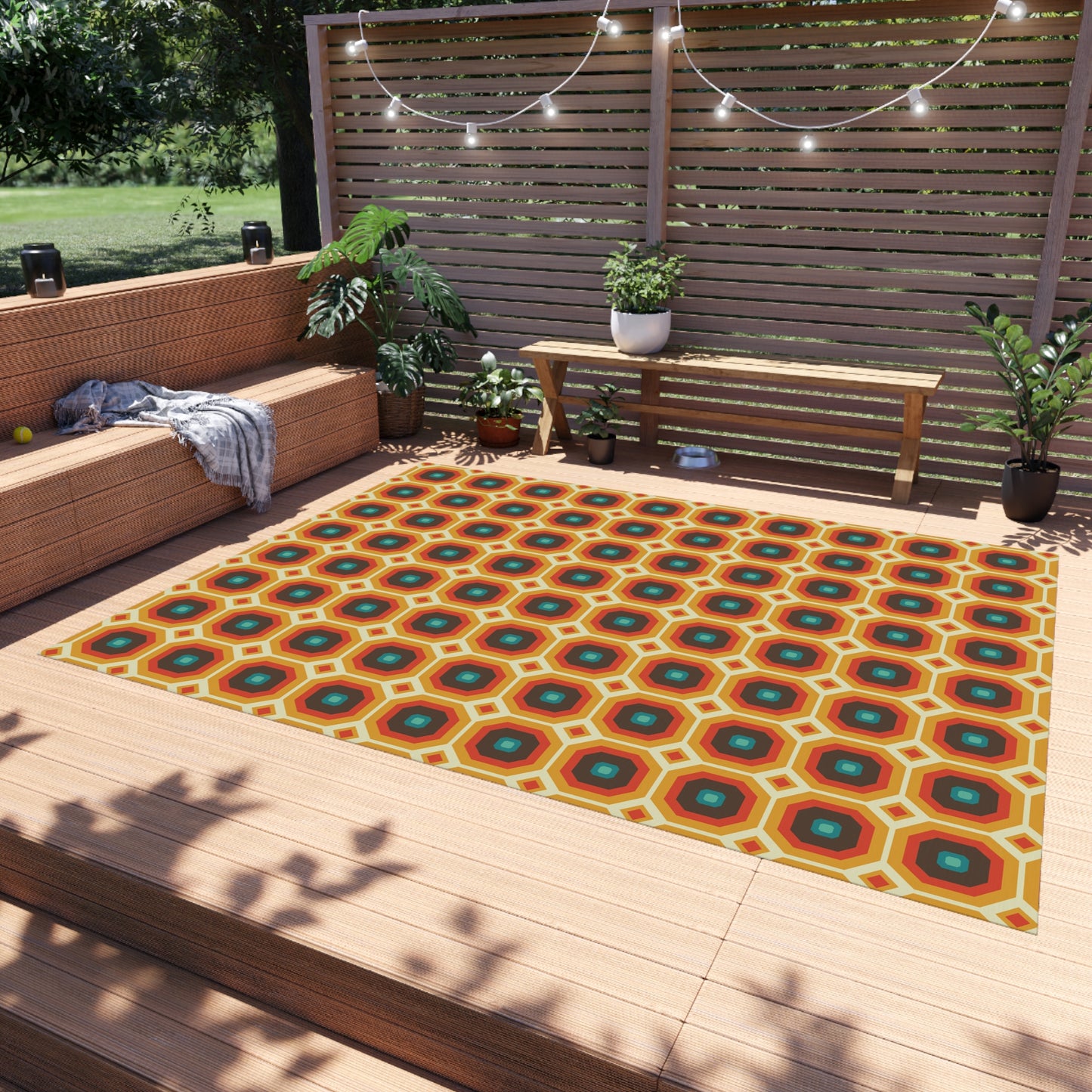 Retro 60s 70s Funky Mod Square Mid Century Geo Brown & Orange Anti-Slip Indoor/Outdoor Accent Rug