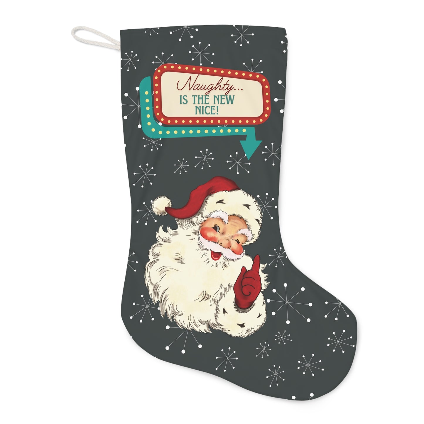 Vintage Santa Winking Cheeky Retro 50s Atomic Burst Mid Century Mod Charcoal Gray Stocking