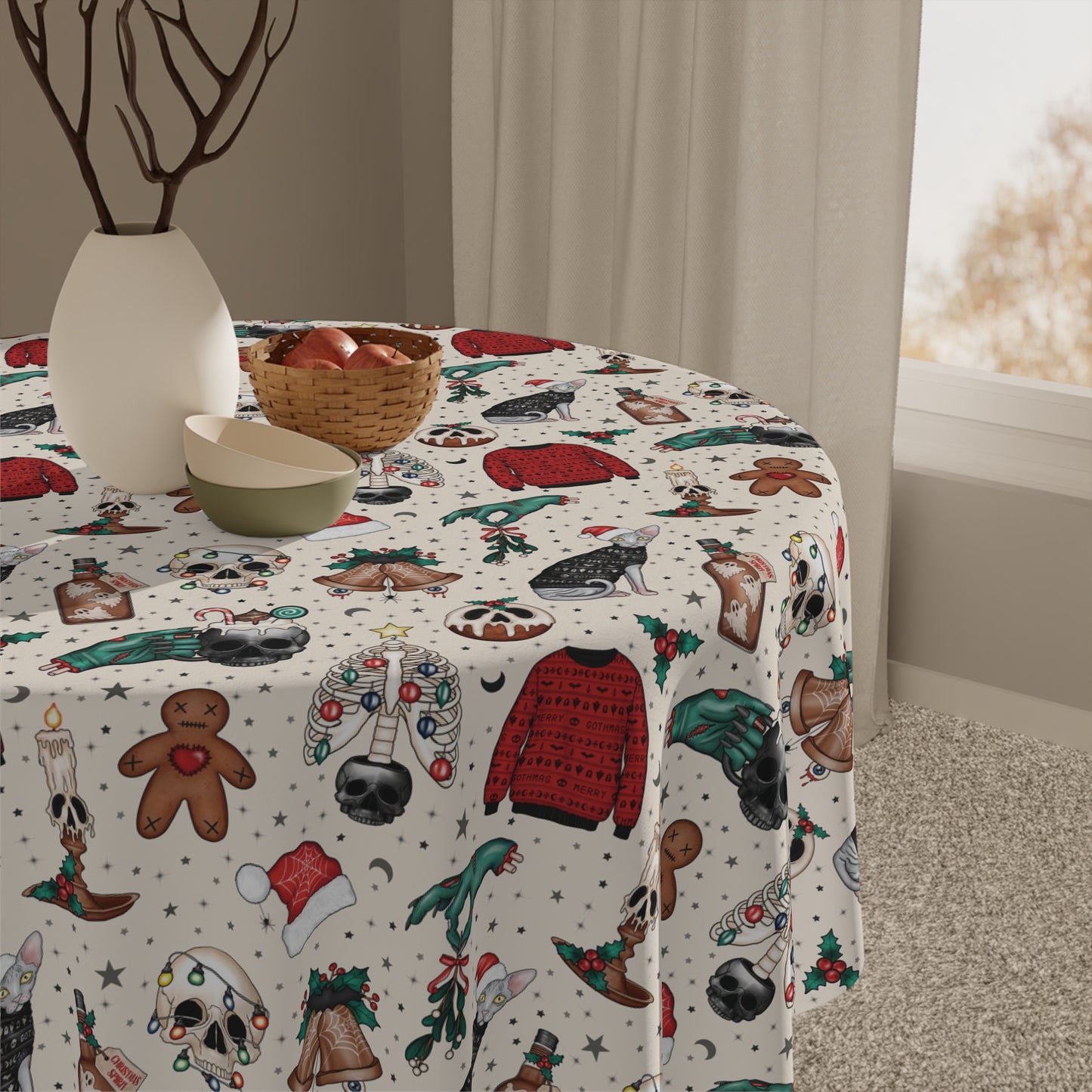 Kitschy Kawaii Goth Christmas, Creepy Cute Whimsigoth Creepmas Multicolor Tablecloth