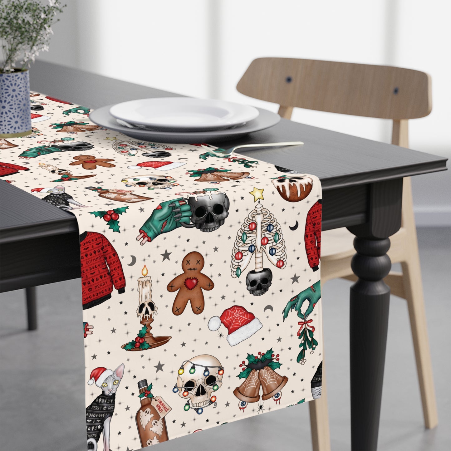 Kitschy Kawaii Goth Christmas, Creepy Cute Whimsigoth Multicolor Creepmas Table Runner