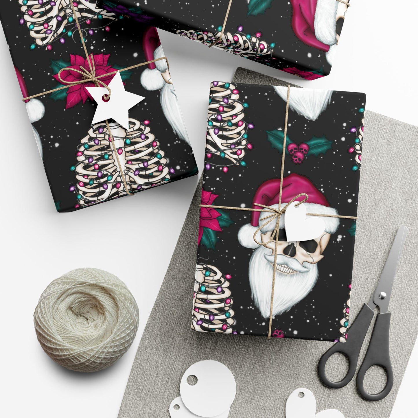 Santa Skull Goth Christmas Eco-Friendly Black Wrapping Paper, Kitschy Creepmas Whimsigoth