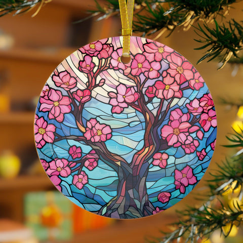 Japanese Sakura Cherry Blossom Tree, Stained Glass Inspired Colorful Glass Ornament | lovevisionkarma.com