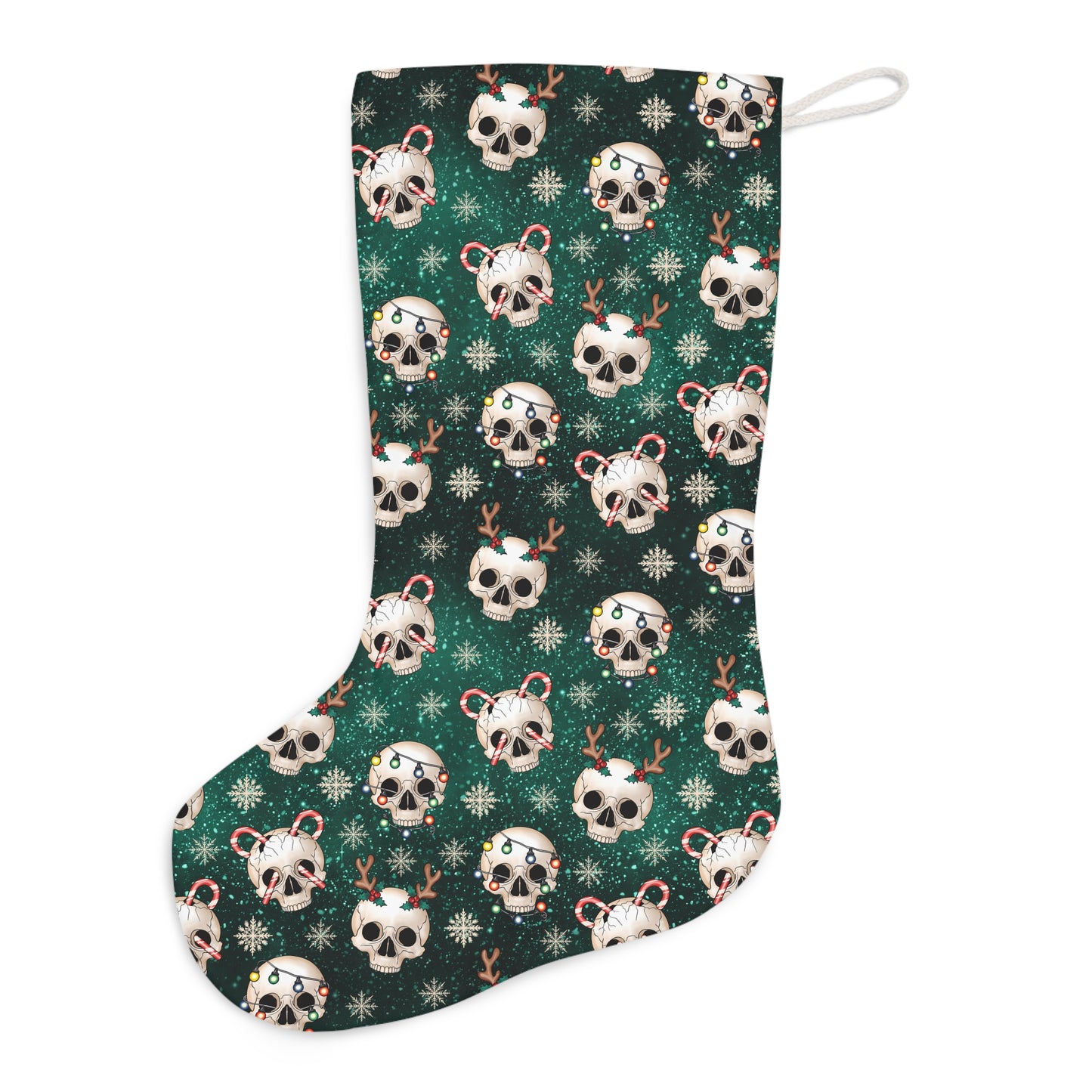 Goth Christmas Festive Skulls, Kitschy Creepmas Green Holiday Stocking