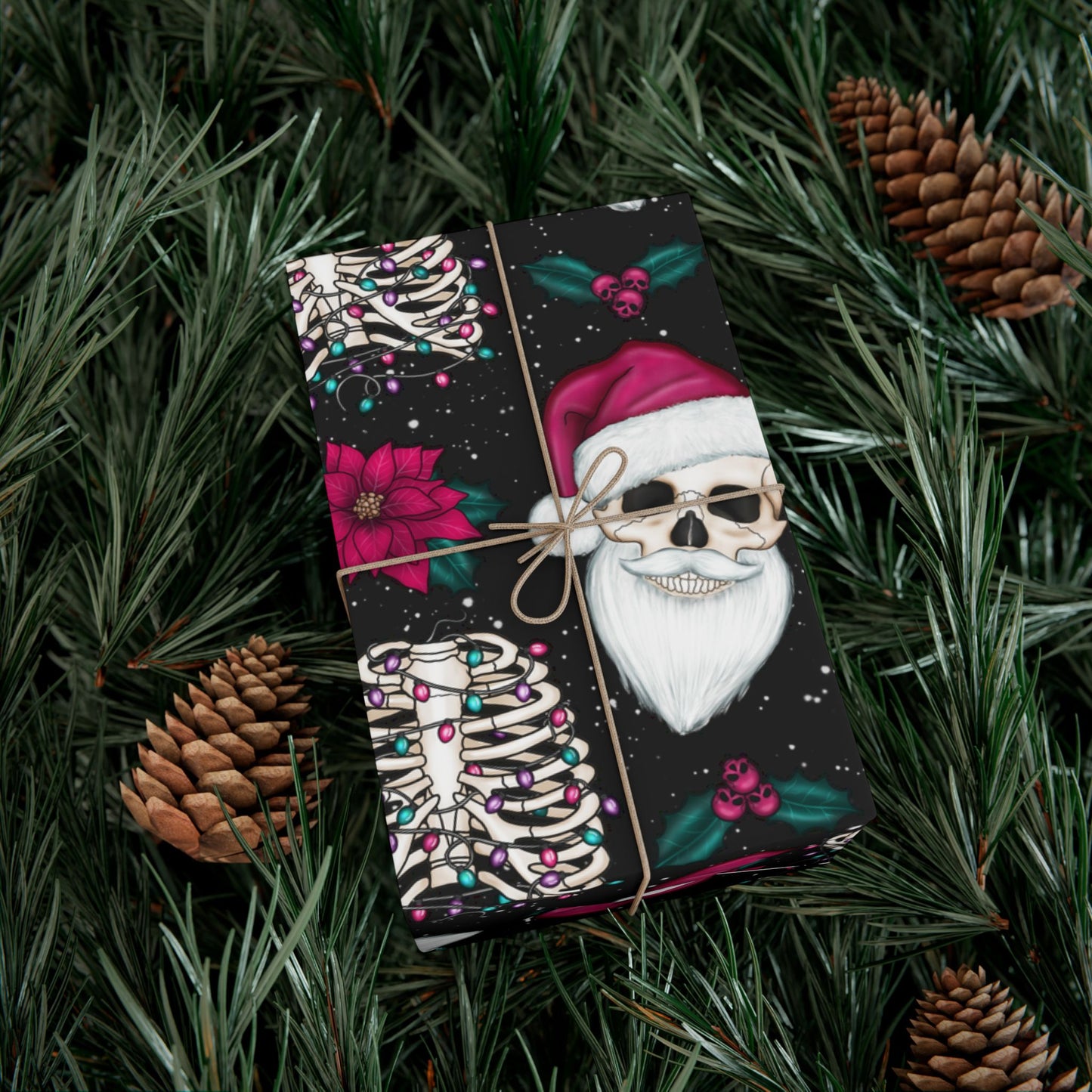 Santa Skull Goth Christmas Eco-Friendly Black Wrapping Paper, Kitschy Creepmas Whimsigoth
