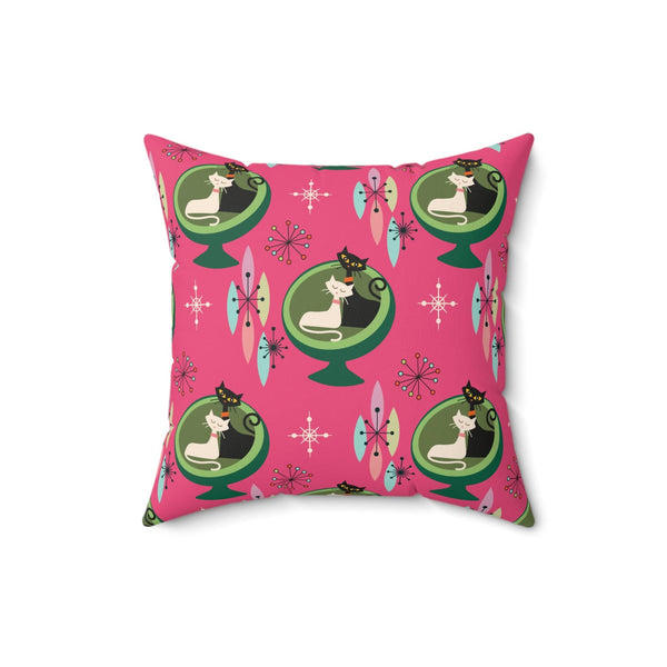 Retro 50s Atomic Cat Couple in Ball Chair MCM Pink & Green Pillow