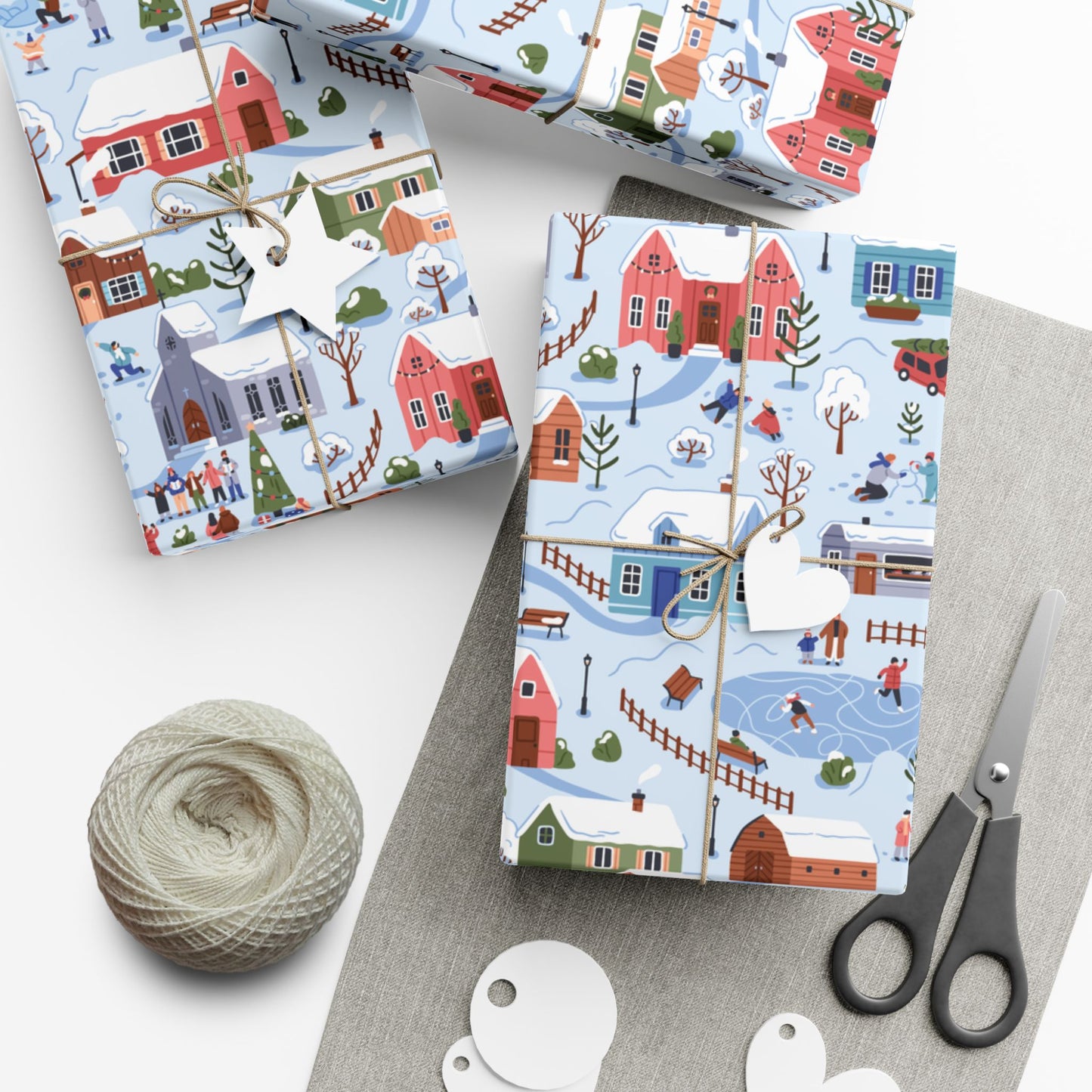 Small Town Christmas Village, Retro Vintage Winter Scene, Multicolor Eco-Friendly Gift Wrap