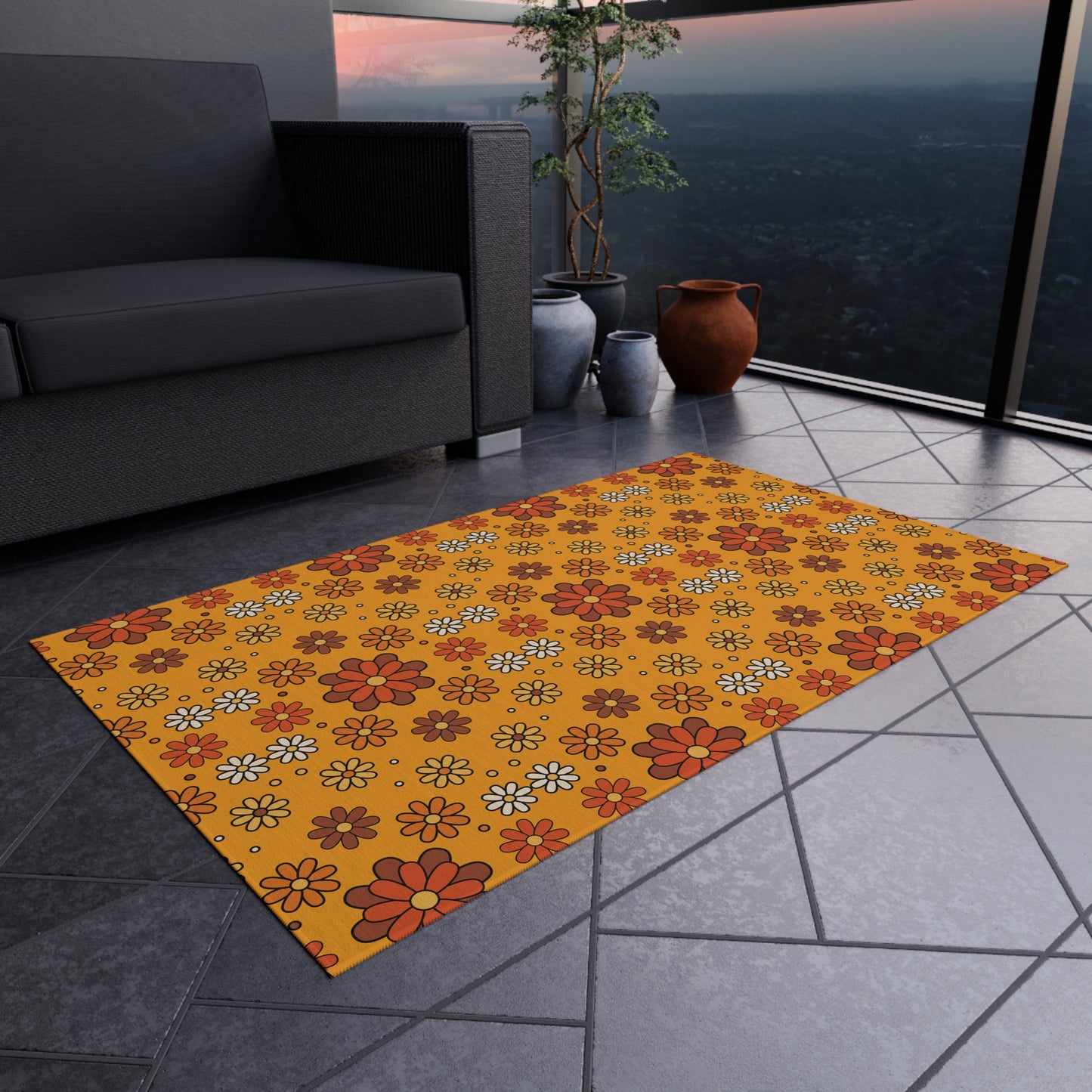 Retro 60s 70s Groovy Mod Daisy, Floral Mid Century Orange & Brown Anti-Slip Indoor/Outdoor Accent Rug