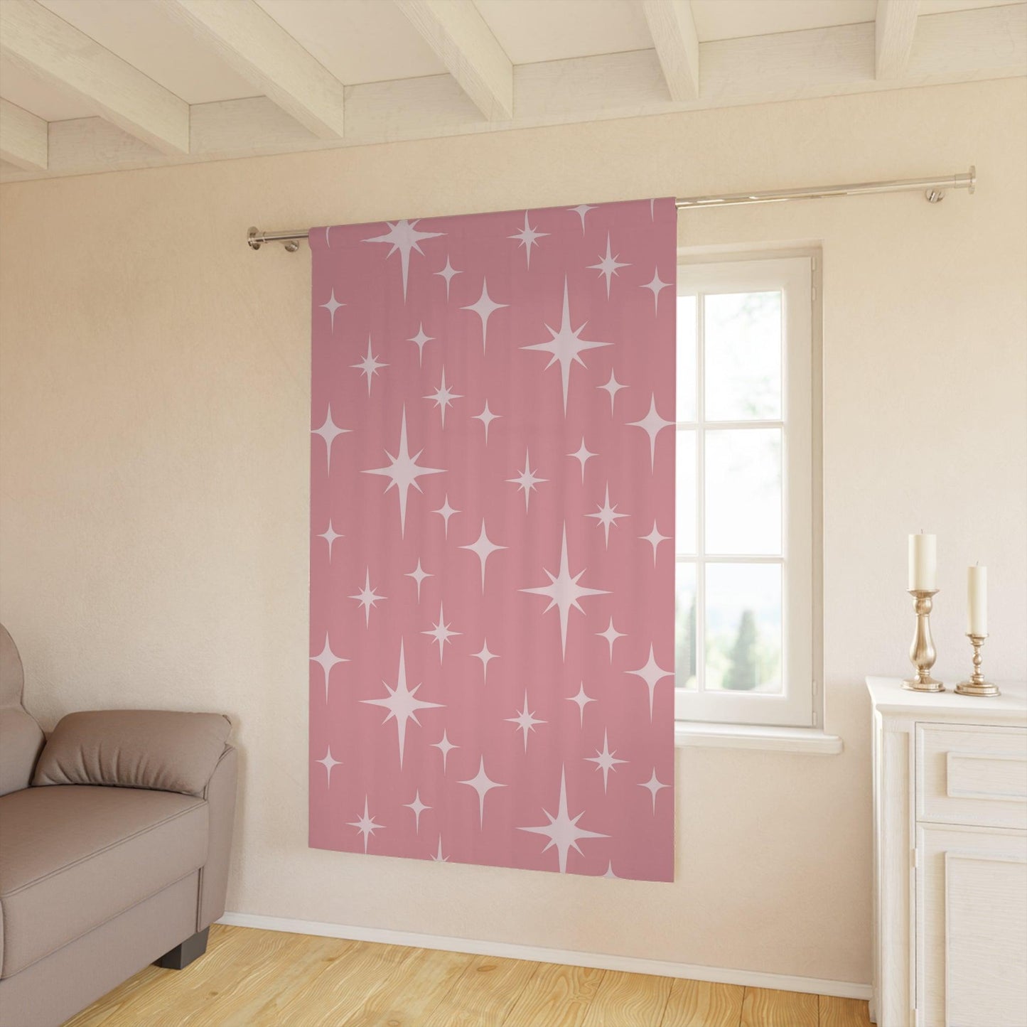 Retro 50s Atomic Starburst Pink Mid Century Modern Blackout Window Curtain | lovevisionkarma.com