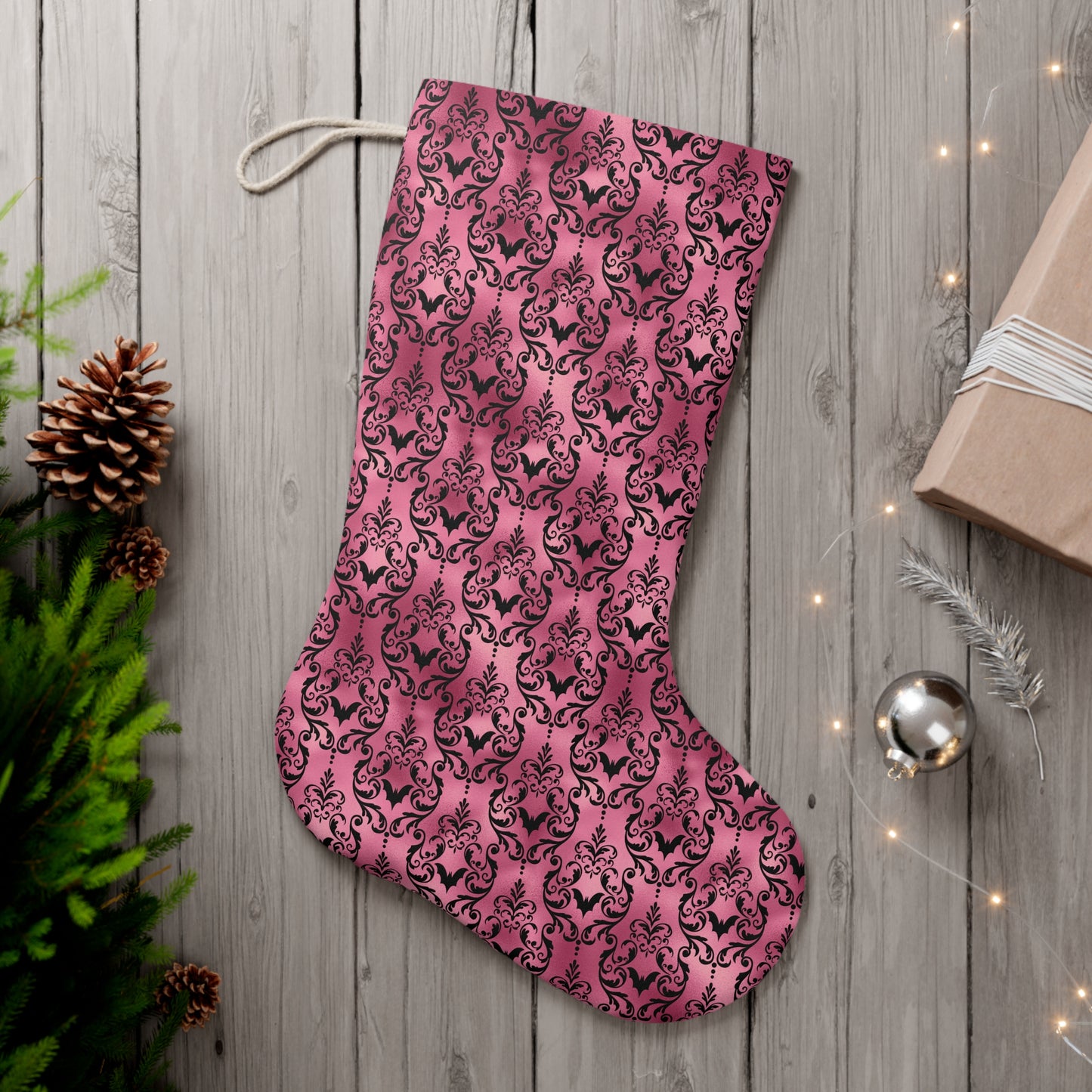 Goth Christmas Black Bats Victorian Damask Glam Pink Holiday Creepmas Stocking