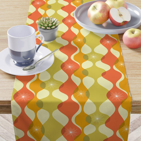 Mid Century Modern Wavy Abstract Orange, Green & Yellow Table Runner | lovevisionkarma.com