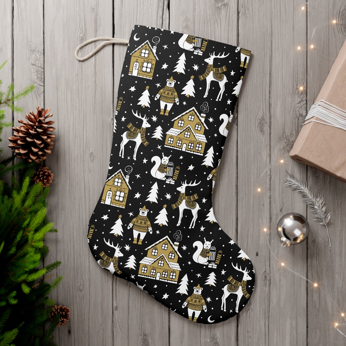 Nordic Winter Scene Black & White Scandi Christmas Stocking