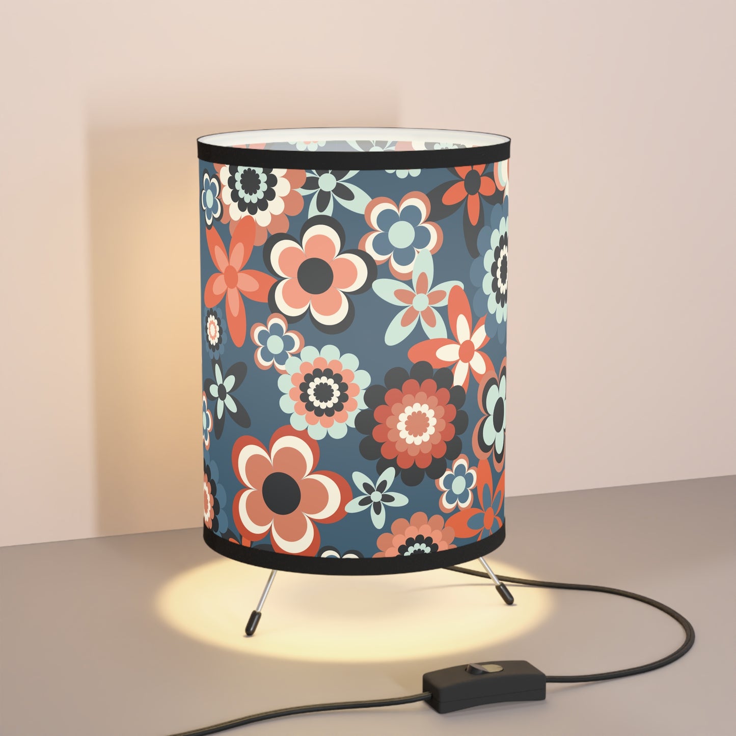 Retro 60s 70s Groovy Flowers Mid Century Mod Coral & Blue Tripod Accent Lamp