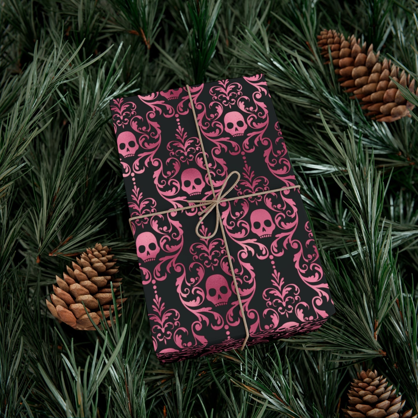 Pink Damask Skulls, Victorian Goth, Dark Academia, Goth Christmas & Creepmas Glam Black Eco-Friendly Gift Wrap Paper