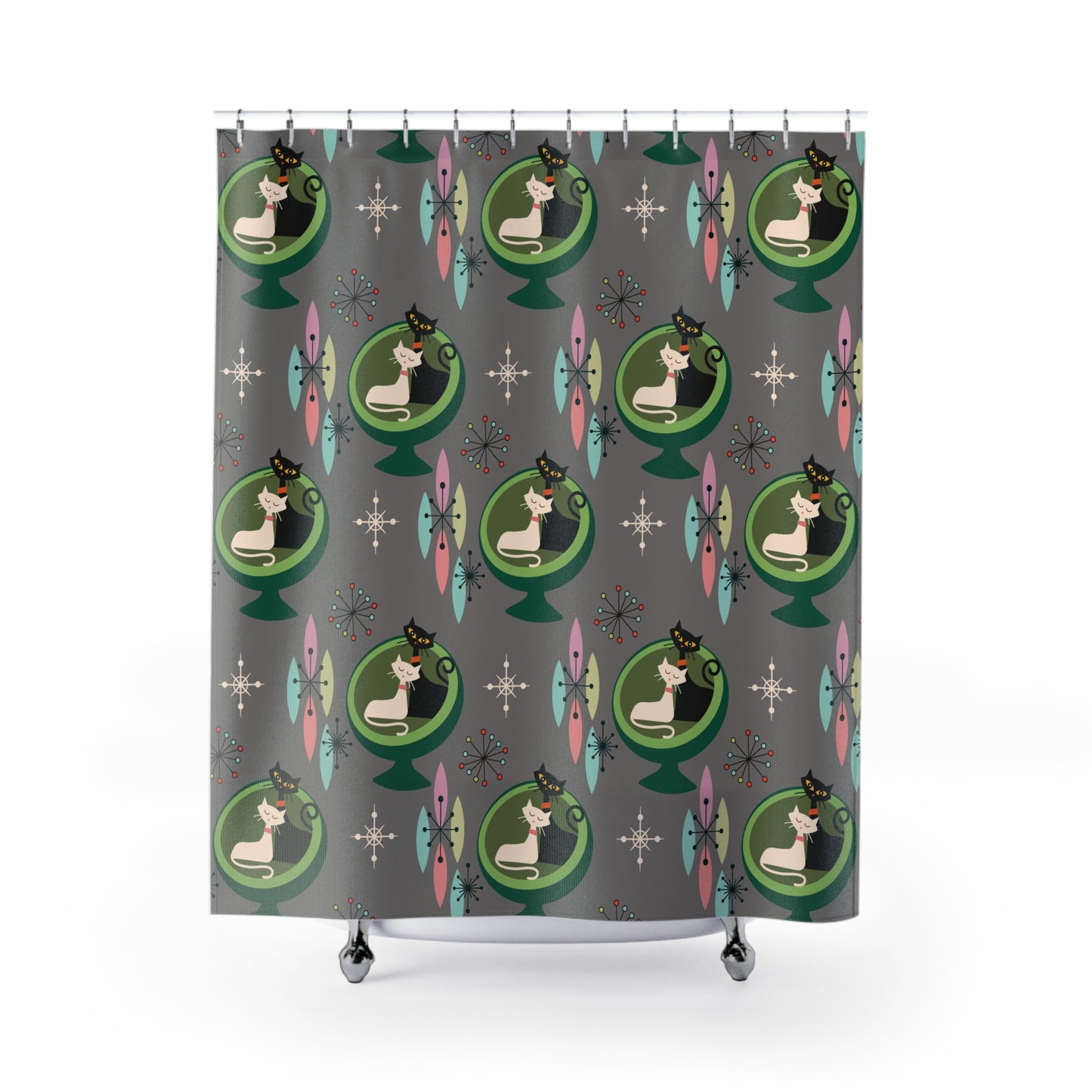 Retro 50s Atomic Cats in Ball Chair, Mid Century Modern Gray Shower Curtain