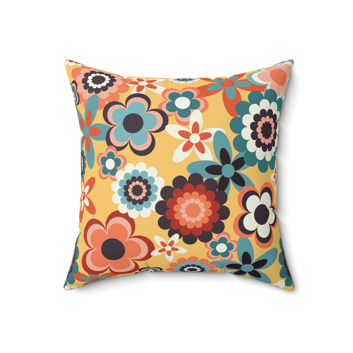 Retro 60s 70s Groovy Flowers Boho Mid Century Mod Yellow, Coral & Blue Throw Pillow