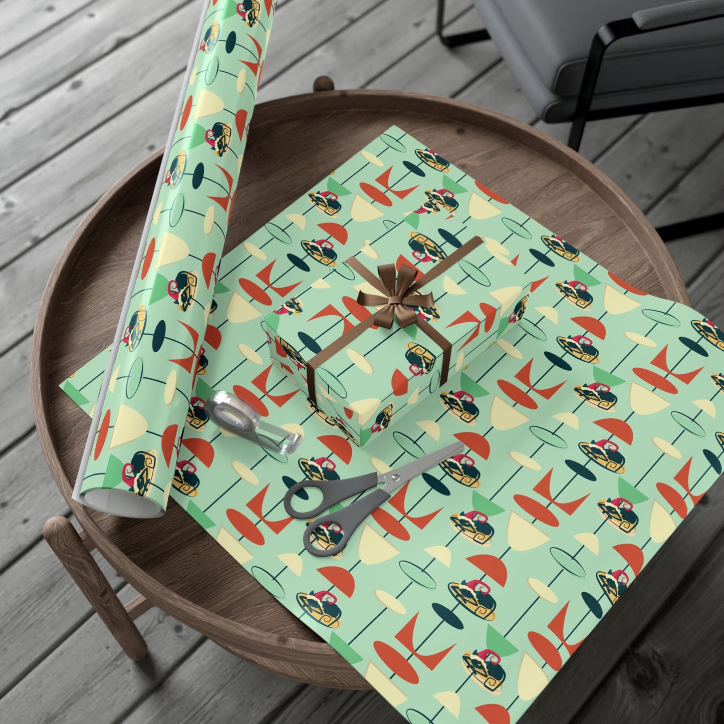 Retro 50's Atomic Cat Christmas Kitschy Mid Century Modern Green Eco-Friendly Wrapping Paper