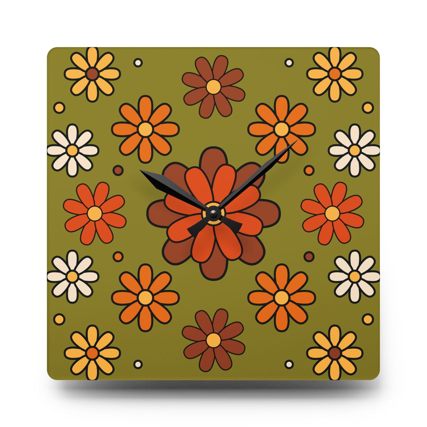 Retro 60s 70s Groovy Mod Daisy Floral Mid Century Green & Orange Acrylic Wall Clock