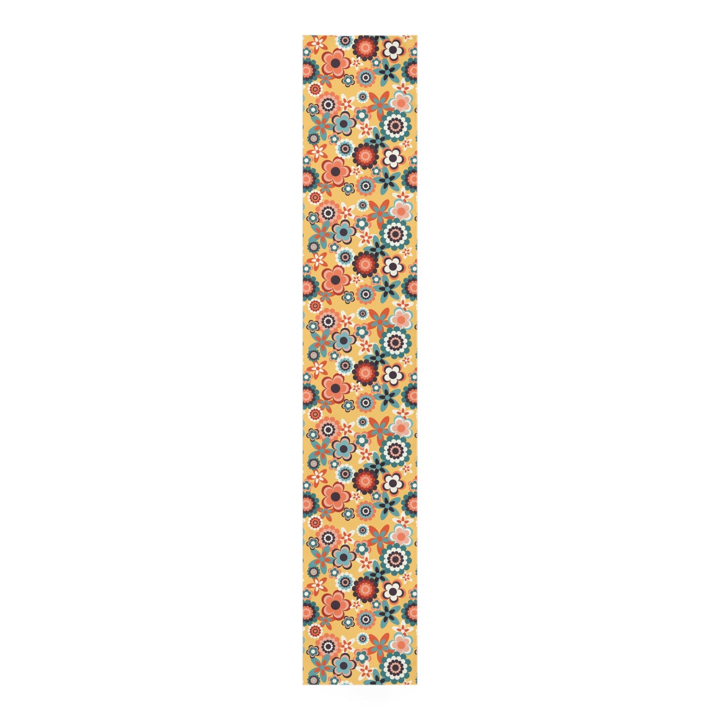 Retro 60s 70s Groovy Flowers Boho Mid Century Mod Yellow, Coral & Blue Table Runner