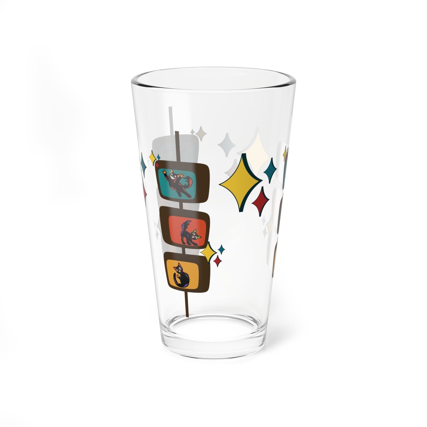 Retro 50s 60s Kitschy Atomic Cats Mid Century Modern Multicolor Pint Glass