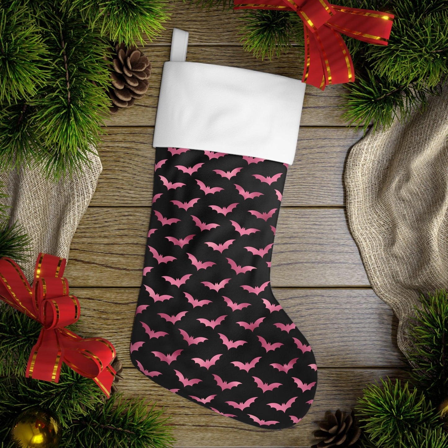 Pink Bats Glam Goth Christmas, Creepmas, Black Gothmas Stocking | lovevisionkarma.com