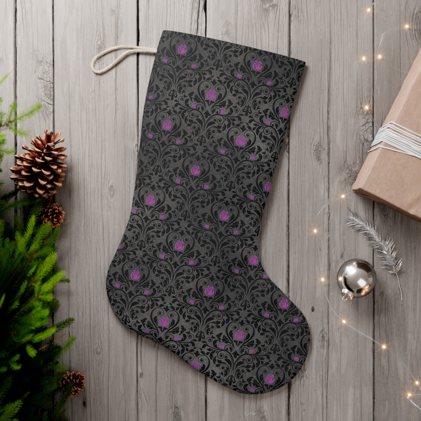 Victorian Goth Damask Purple & Black Dark Academia Creepmas Christmas Holiday Stocking