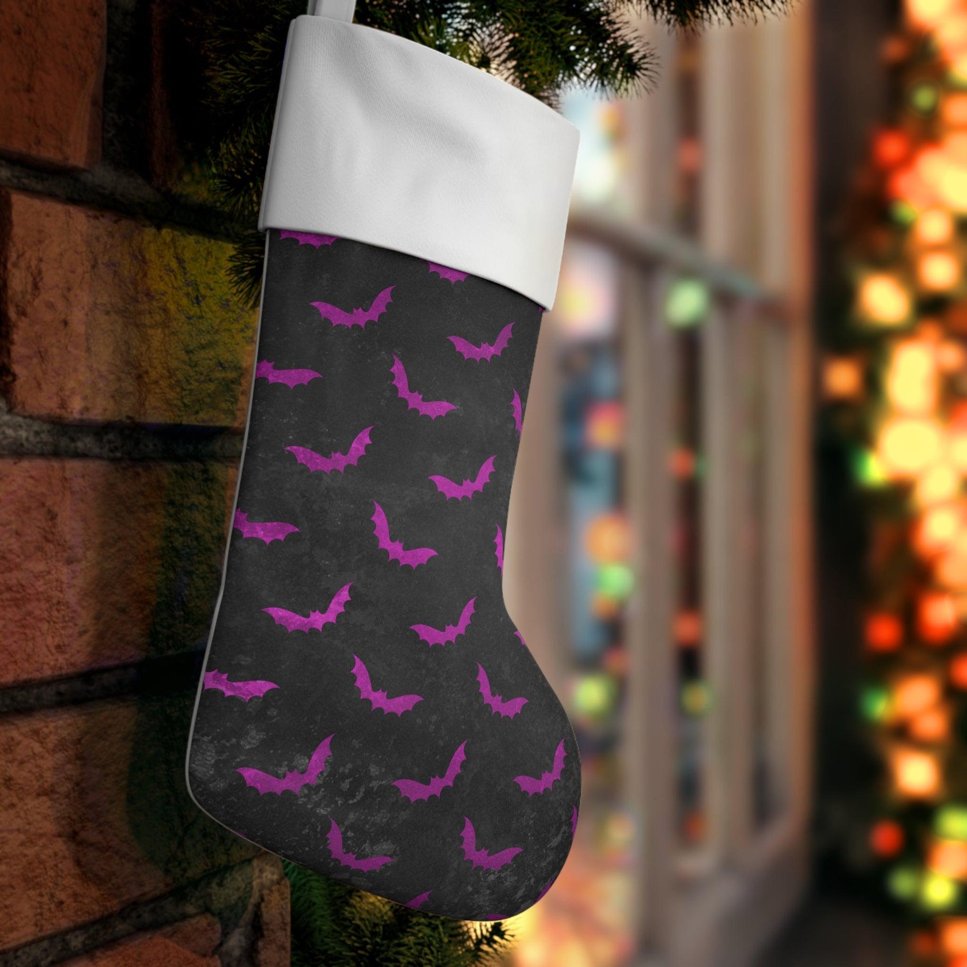 Purple Bats Goth Christmas, Creepy Scary Distressed Black Creepmas Stocking | lovevisionkarma.com