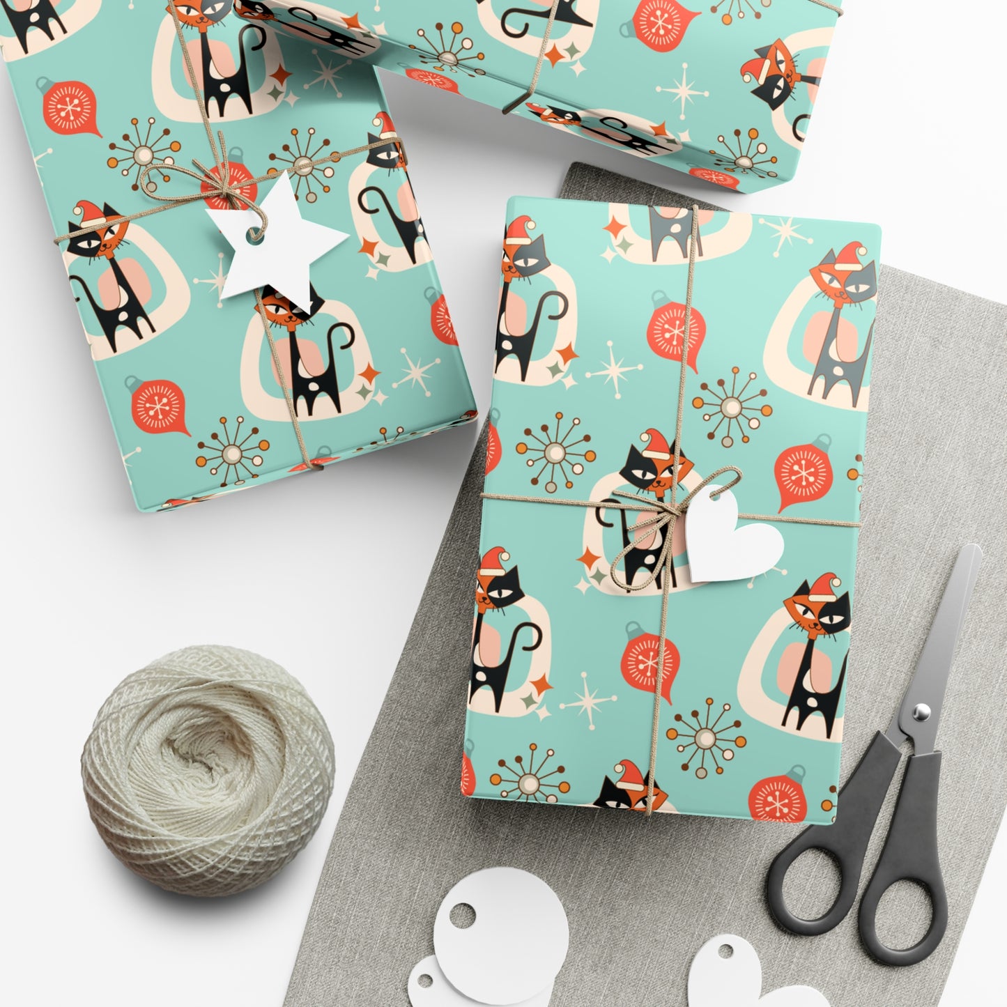 Retro 50's Atomic Cat & Starbursts Kitschy Christmas Mid Century Modern Blue Eco-Friendly Wrapping Paper