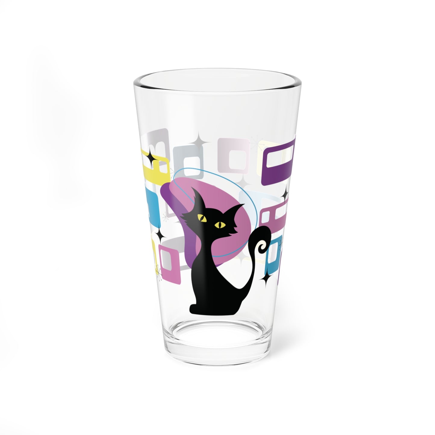 Retro 50s Atomic Black Cat Mid Century Modern Pink, Purple & Blue Pint Glass