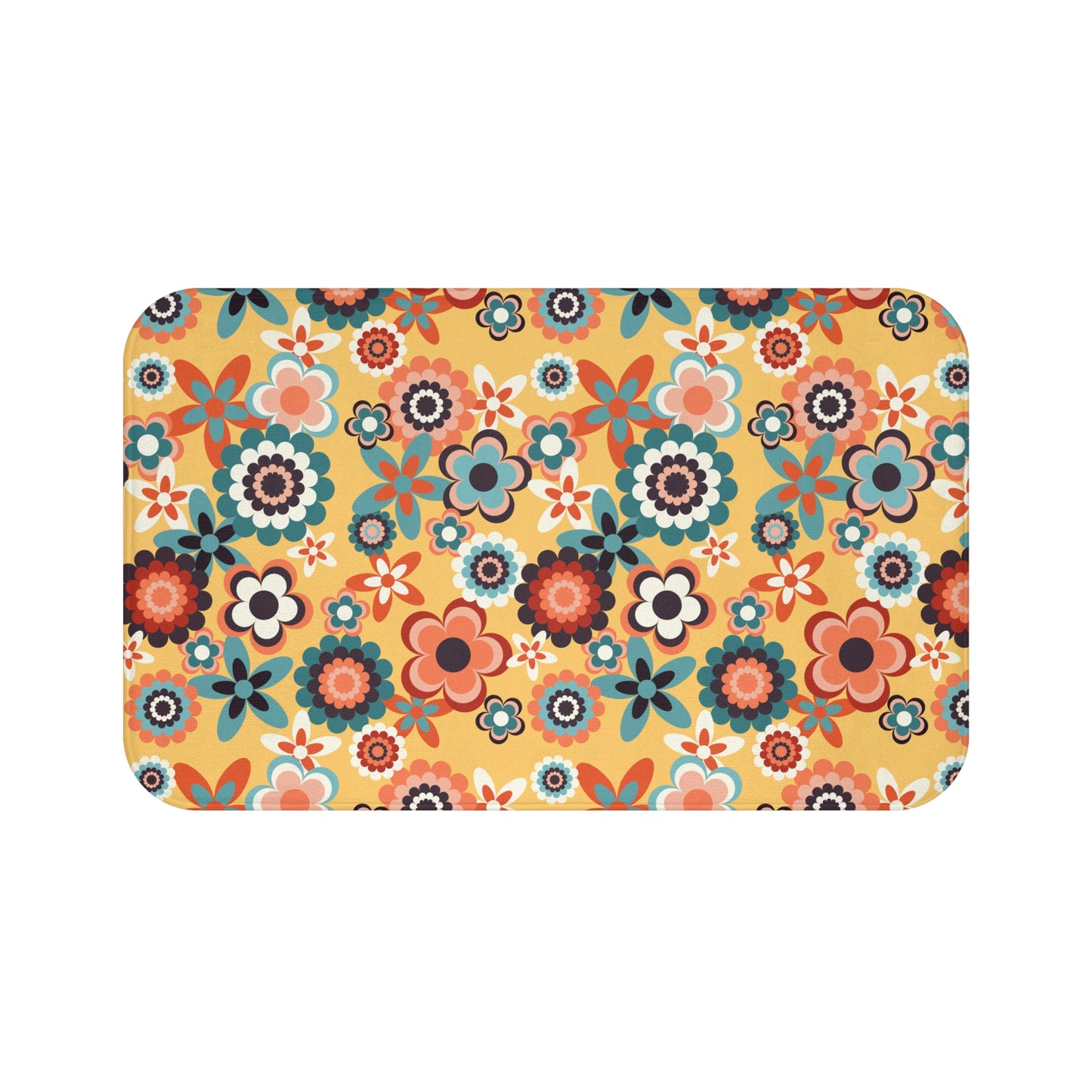 Retro 60s 70s Groovy Flowers Boho Mid Century Mod Yellow, Coral & Blue Bath Mat