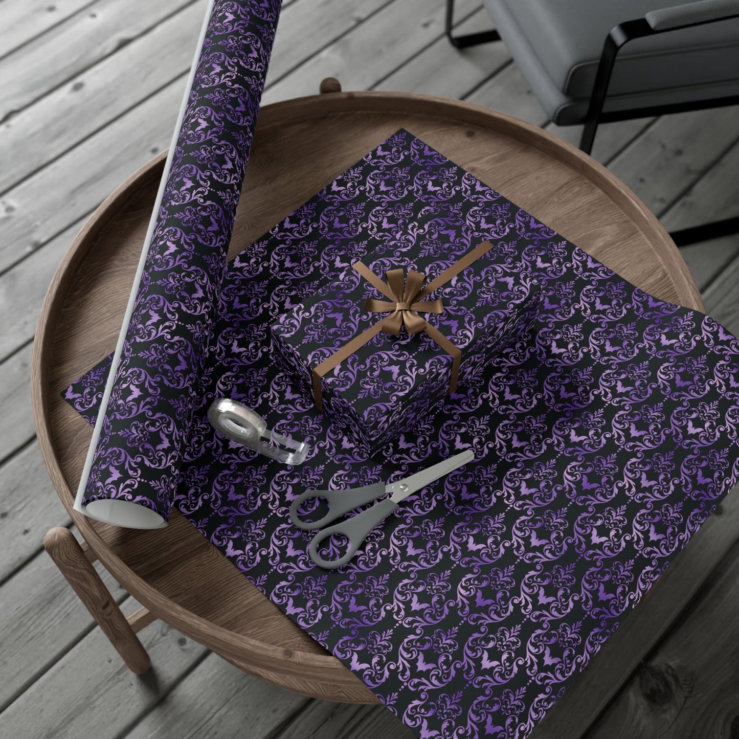 Purple Damask Bats, Victorian Goth Inspired, Dark Academia Goth Christmas & Creepmas Glam Goth Black Gift Wrap Paper