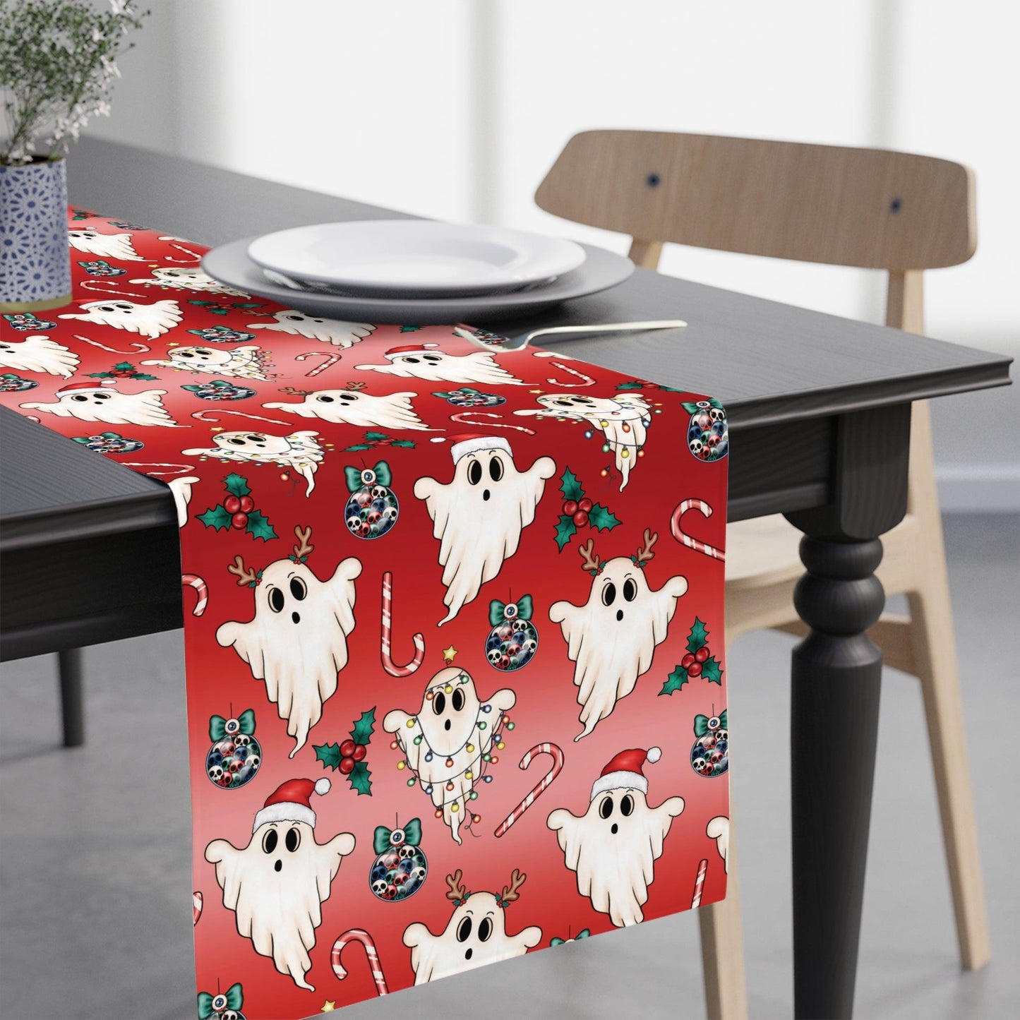 Goth Christmas Ghosts, Kitschy Creepmas & Gothmas Holiday Red Table Runner | lovevisionkarma.com