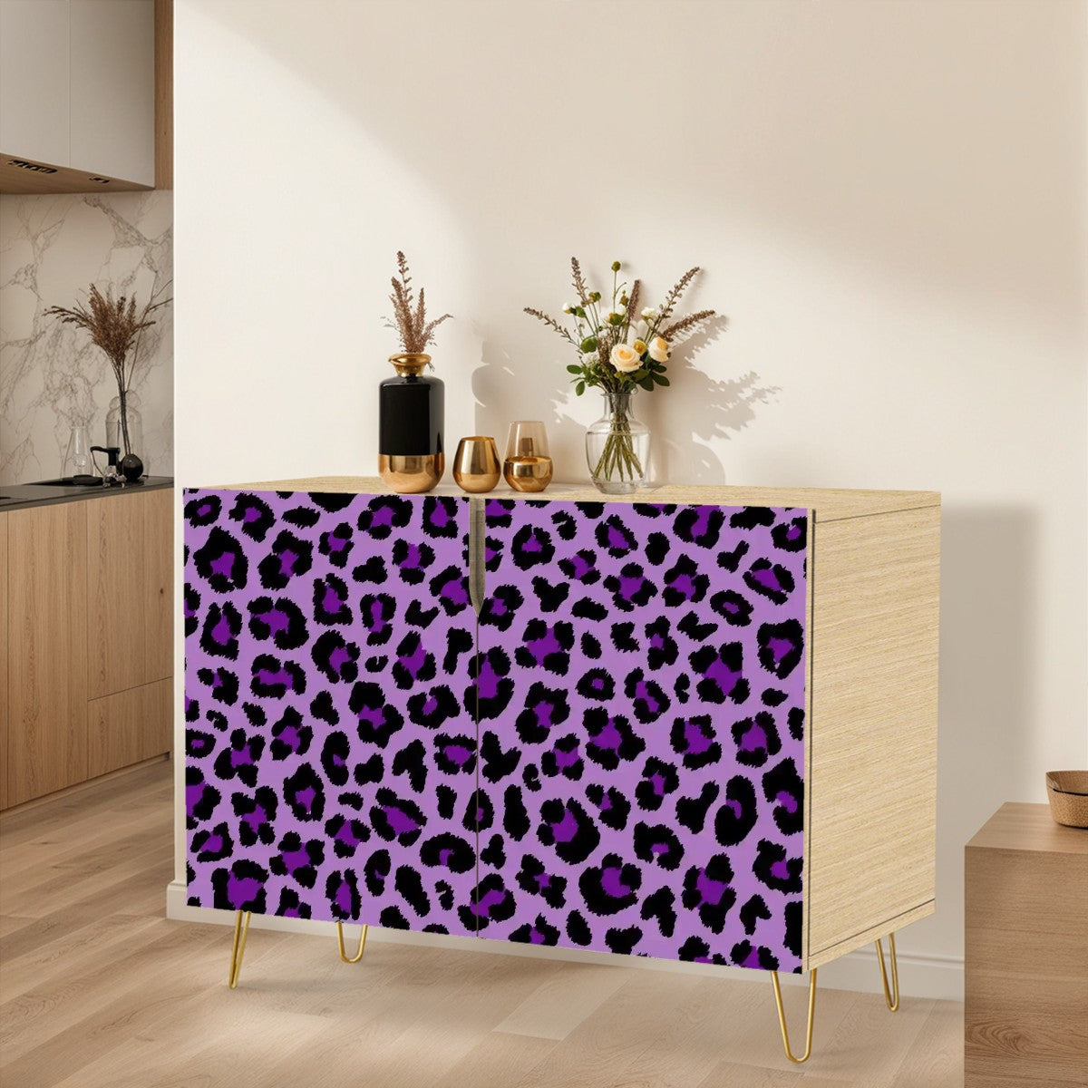 Purple Leopard Spots Cheetah Animal Print MCM Sideboard, Credenza, Wooden Storage Cabinet