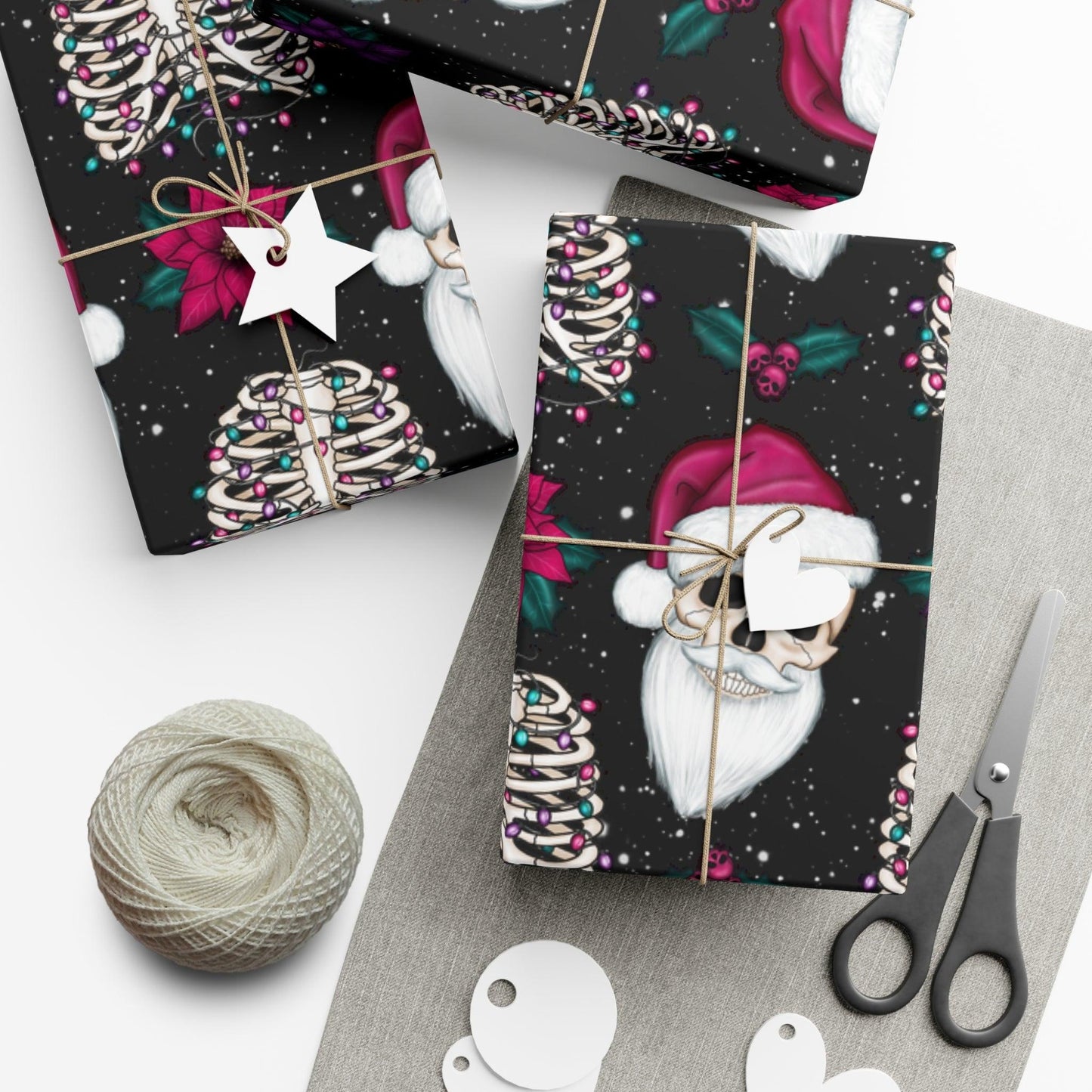 Santa Skull Goth Christmas Eco-Friendly Black Wrapping Paper, Kitschy Creepmas Whimsigoth | lovevisionkarma.com