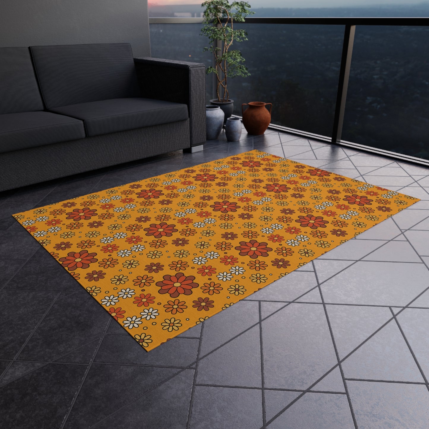 Retro 60s 70s Groovy Mod Daisy, Floral Mid Century Orange & Brown Anti-Slip Indoor/Outdoor Accent Rug