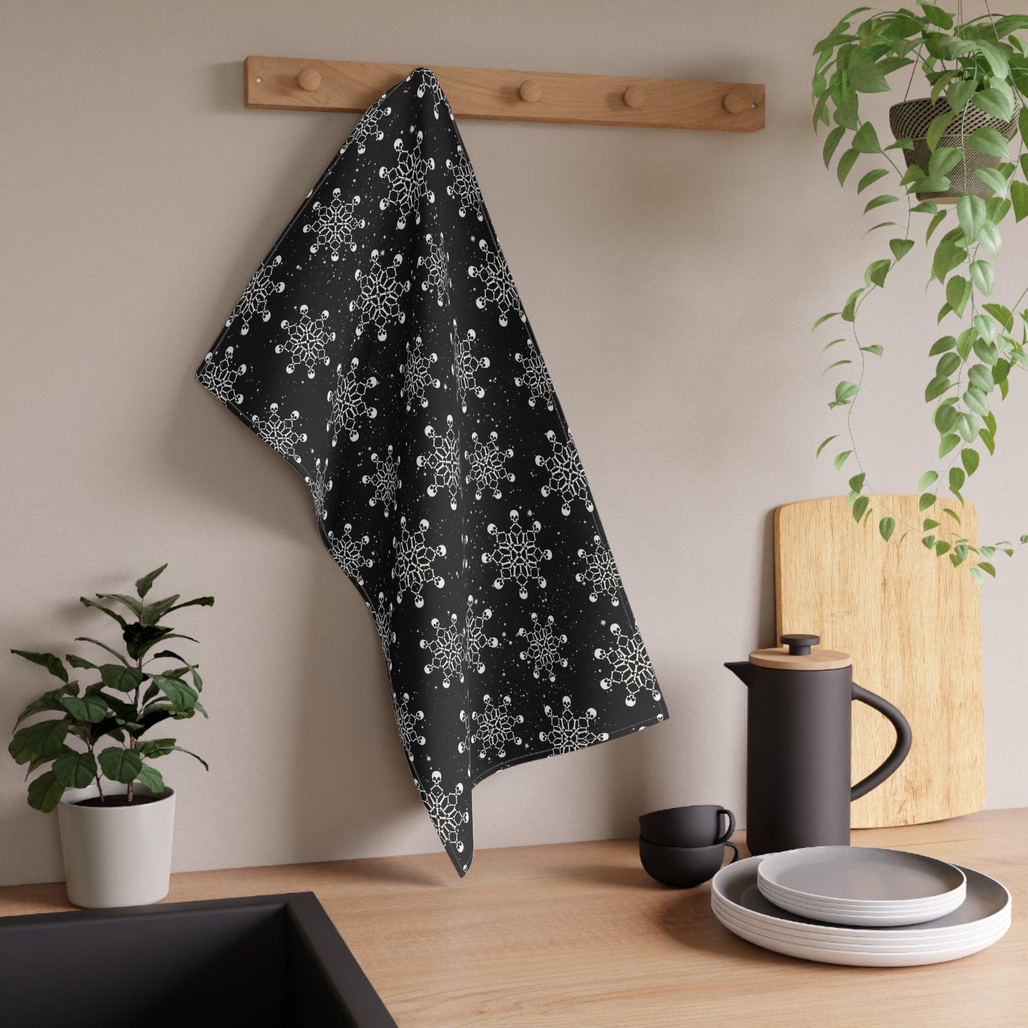 Goth Christmas Skull Snowflakes Creepmas Black Kitchen Tea Towel