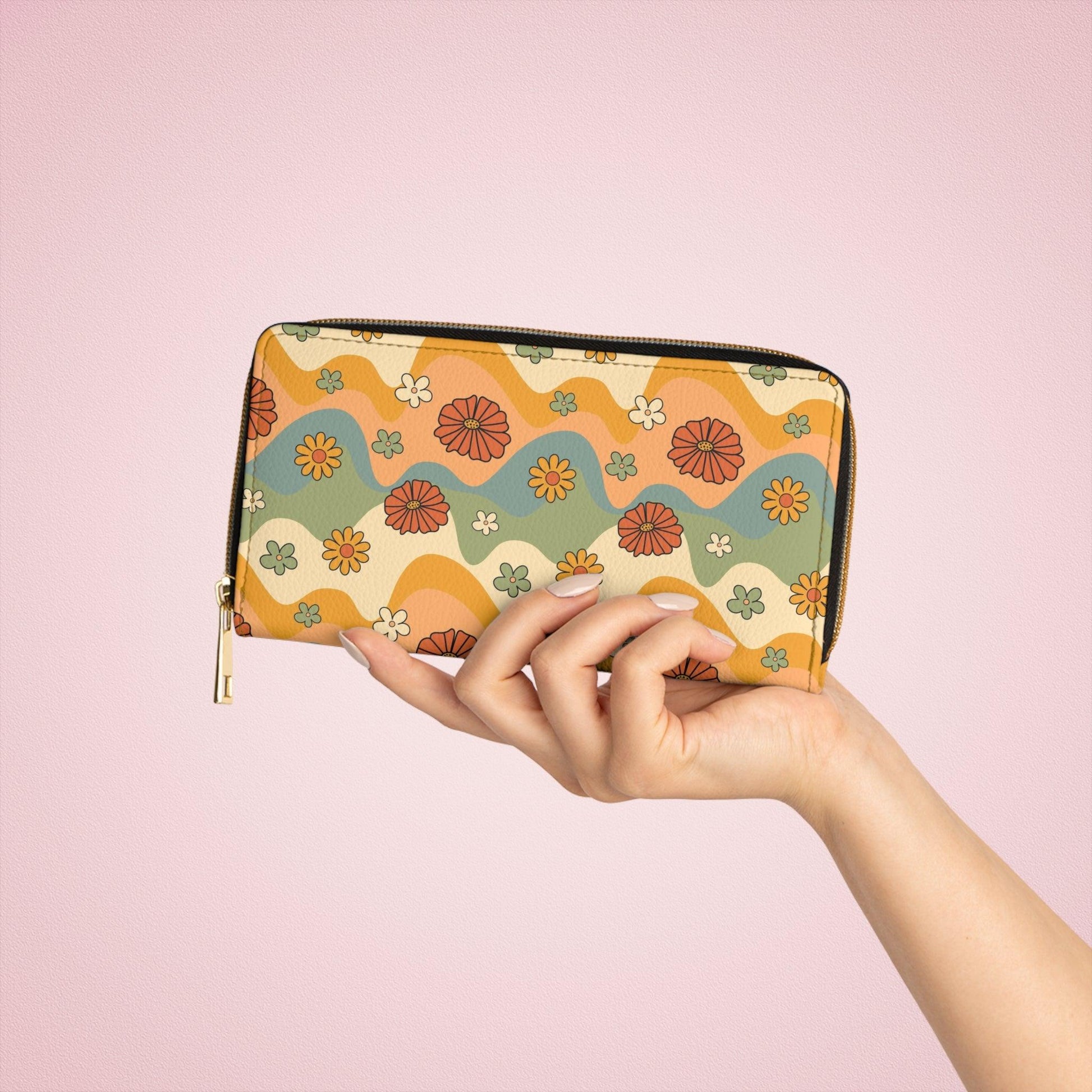 Boho Flowers and Waves Cottagecore Retro Multicolor Zipper Wallet | lovevisionkarma.com