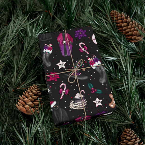 Kitschy Goth Christmas, Creepmas Whimsigoth Black Eco-friendly Gift Wrap | lovevisionkarma.com