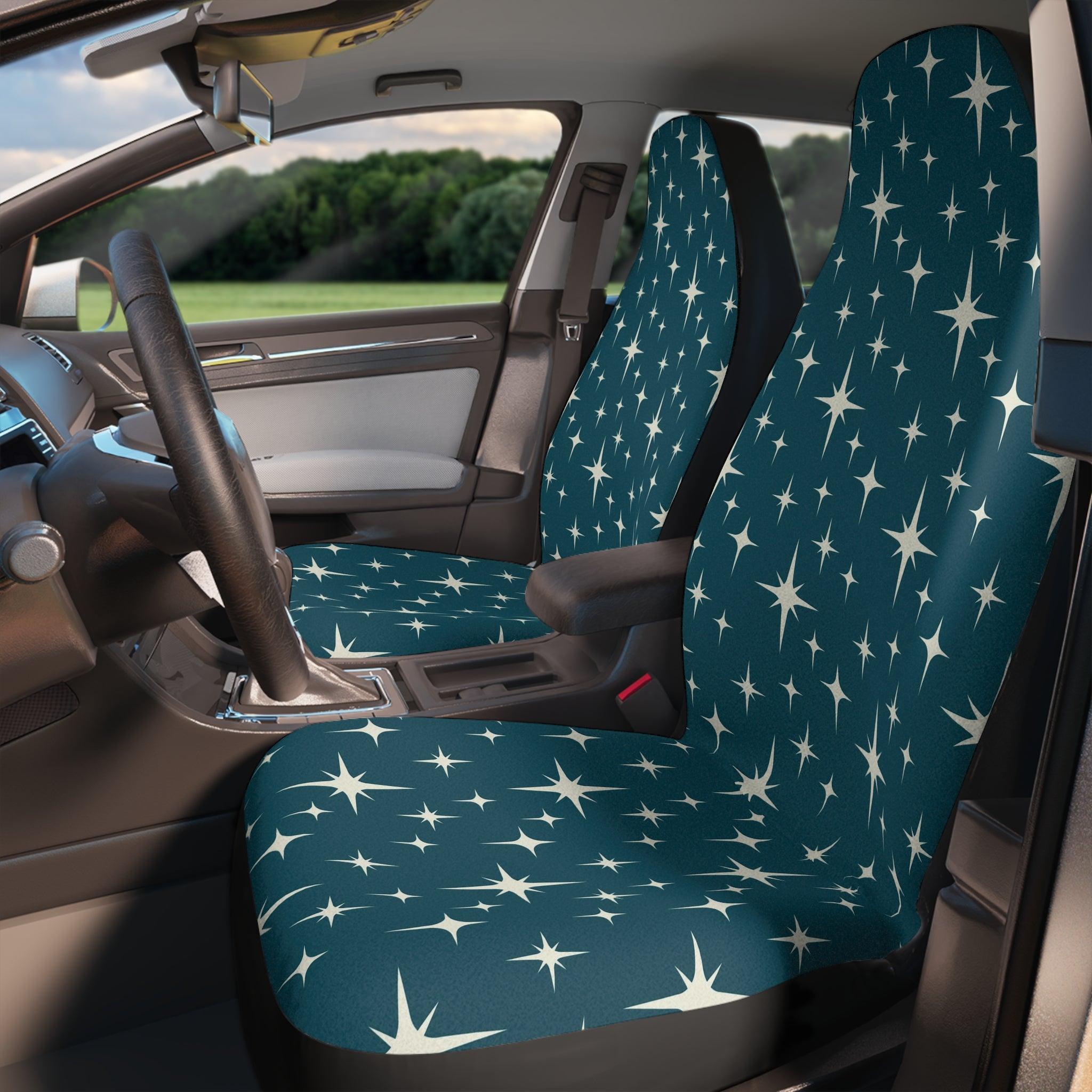 Retro 50's Atomic Starburst Mid Century Cream and Blue Car Seat Covers | lovevisionkarma.com