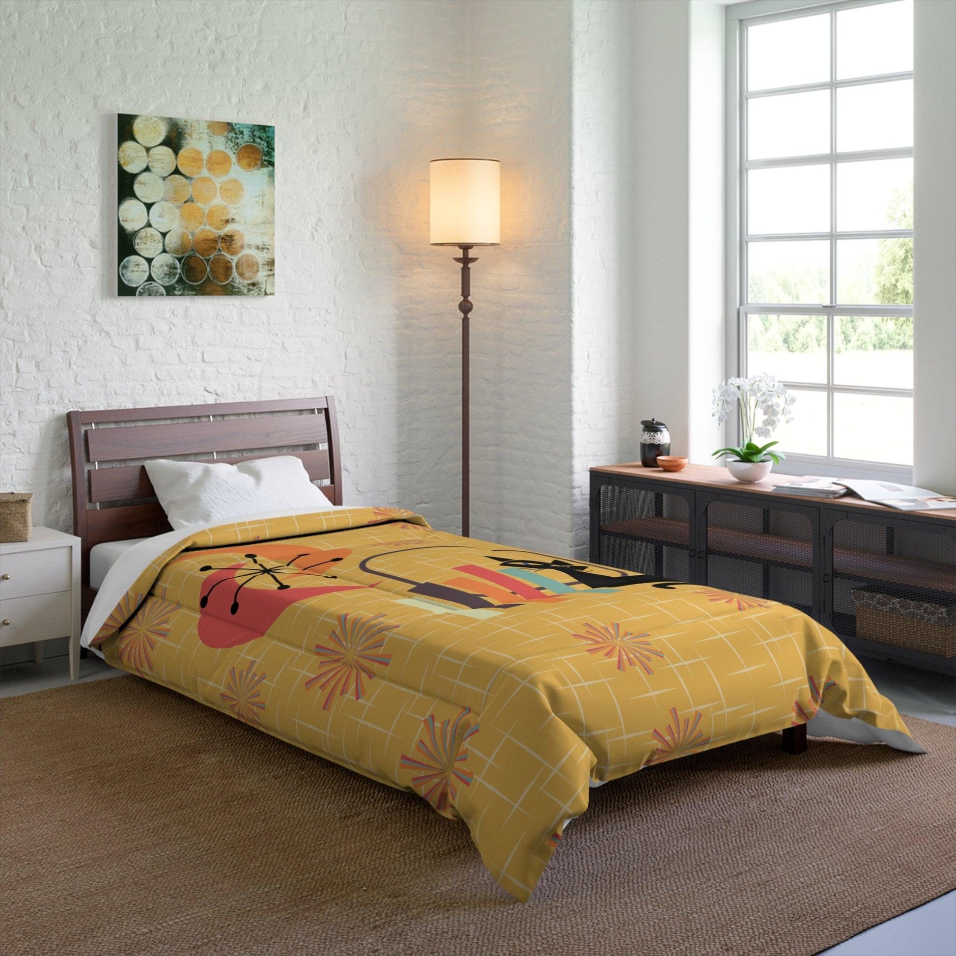 Atomic Cat Mid Century Mod Starburst Retro Yellow Comforter | lovevisionkarma.com