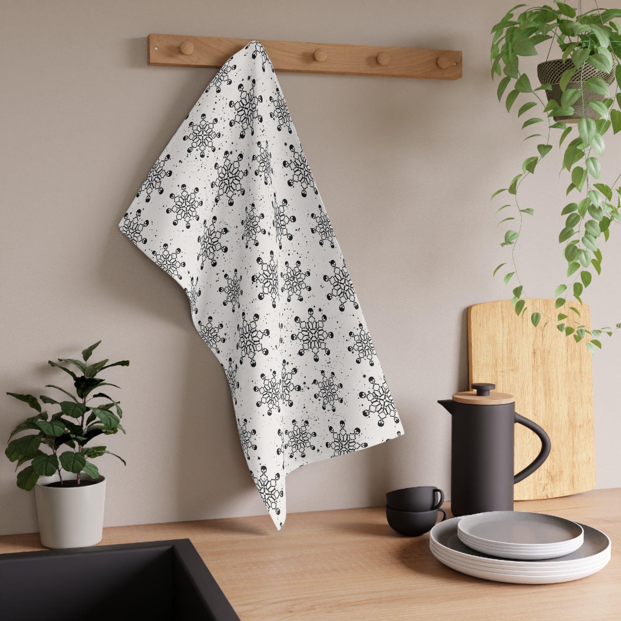 Goth Christmas Skull Snowflakes Creepmas White Kitchen Tea Towel