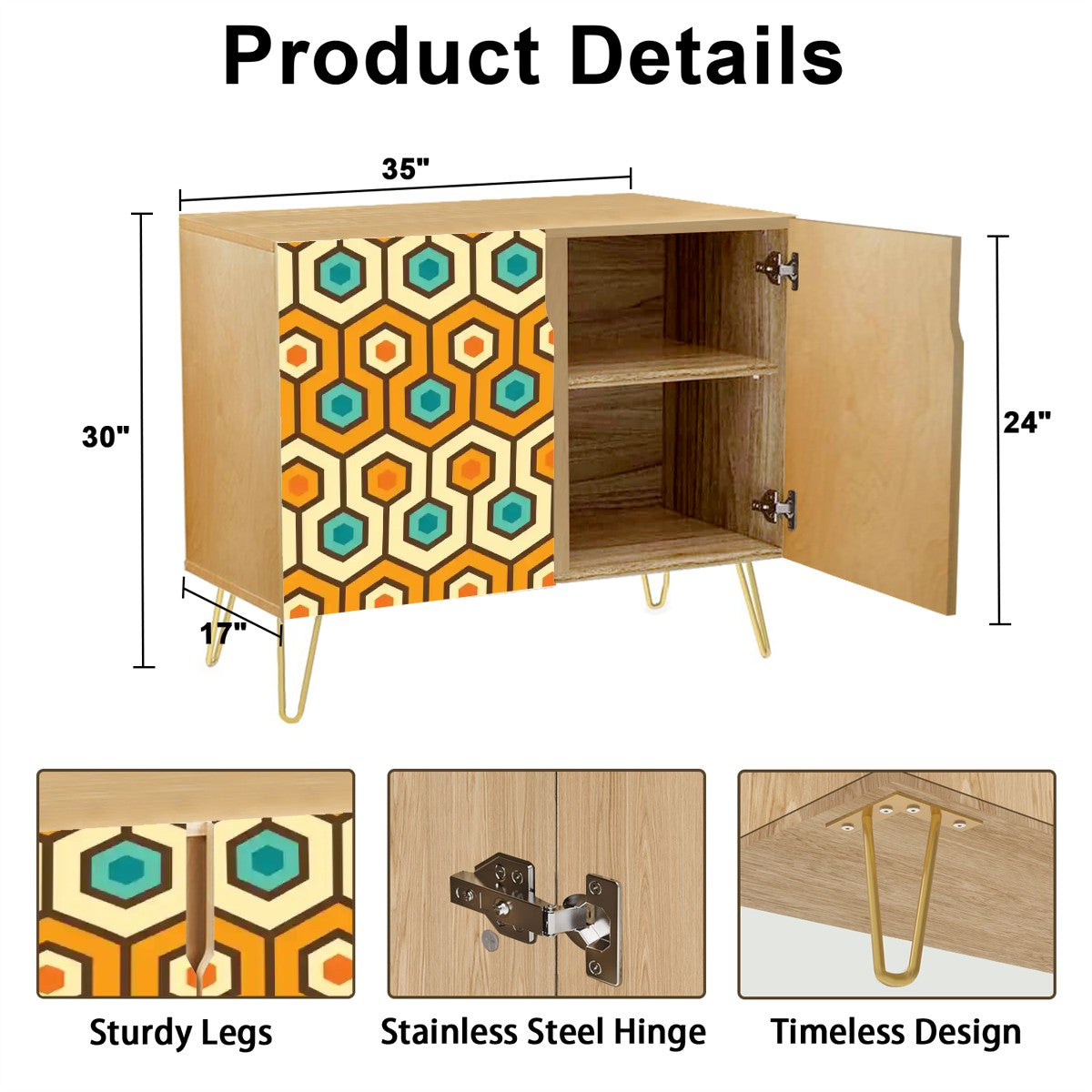Retro 60s 70s Geometric Hexagon Mid Century Mod Orange & Teal Sideboard, Credenza, Wooden Storage Cabinet