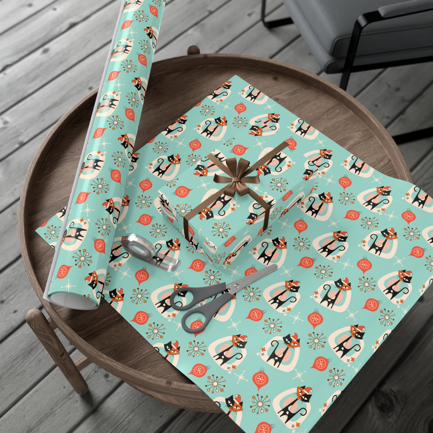 Retro 50's Atomic Cat & Starbursts Kitschy Christmas Mid Century Modern Blue Eco-Friendly Wrapping Paper